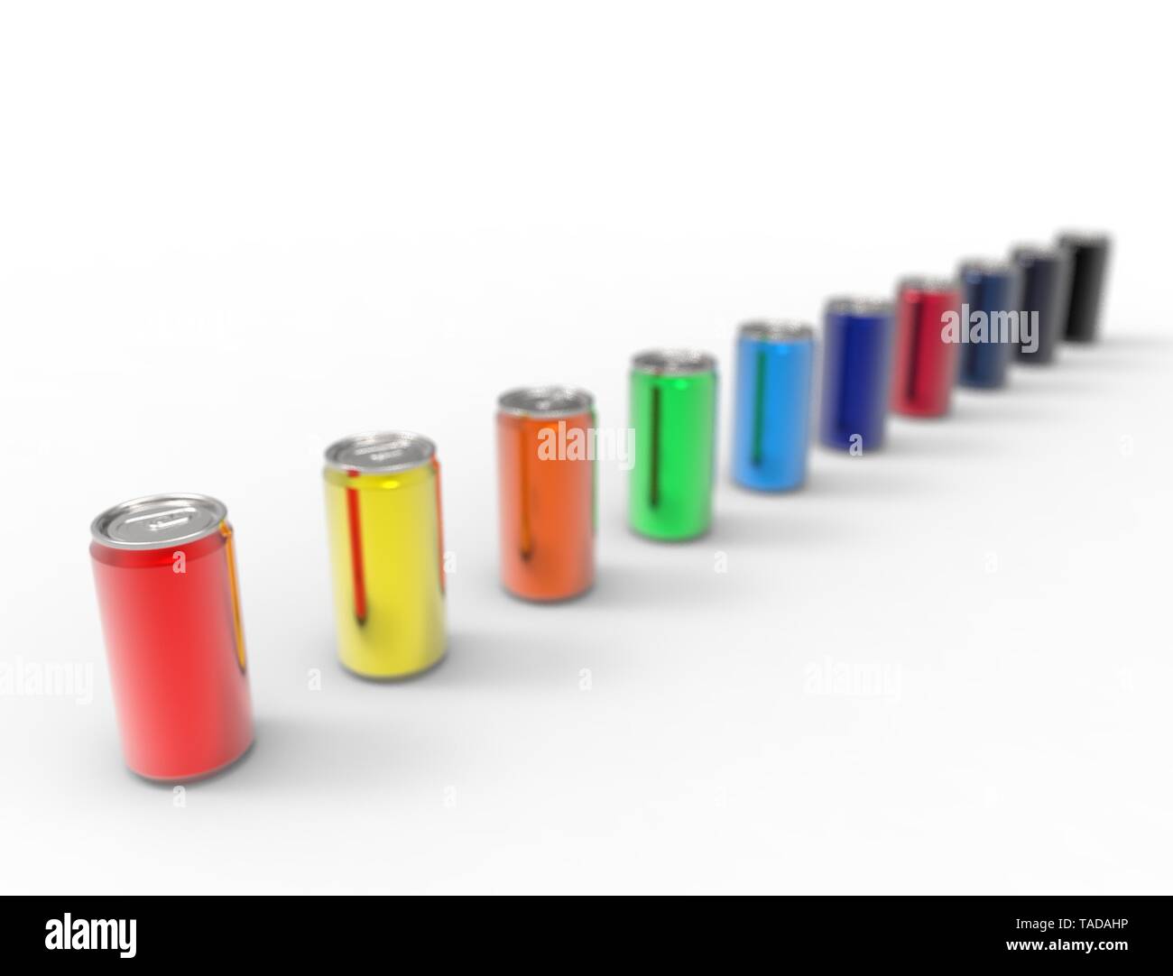 3D rendering of multiple colored soda cans isolated in white studio ...