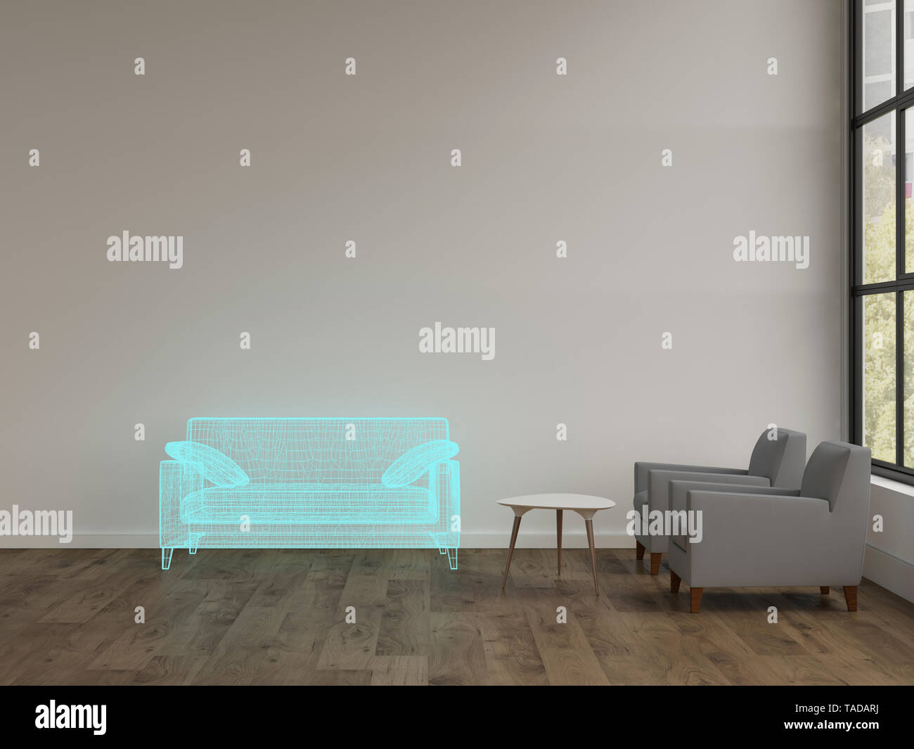 3D rendering, Hologram of couch in modern livingroom with armchairs Stock Photo