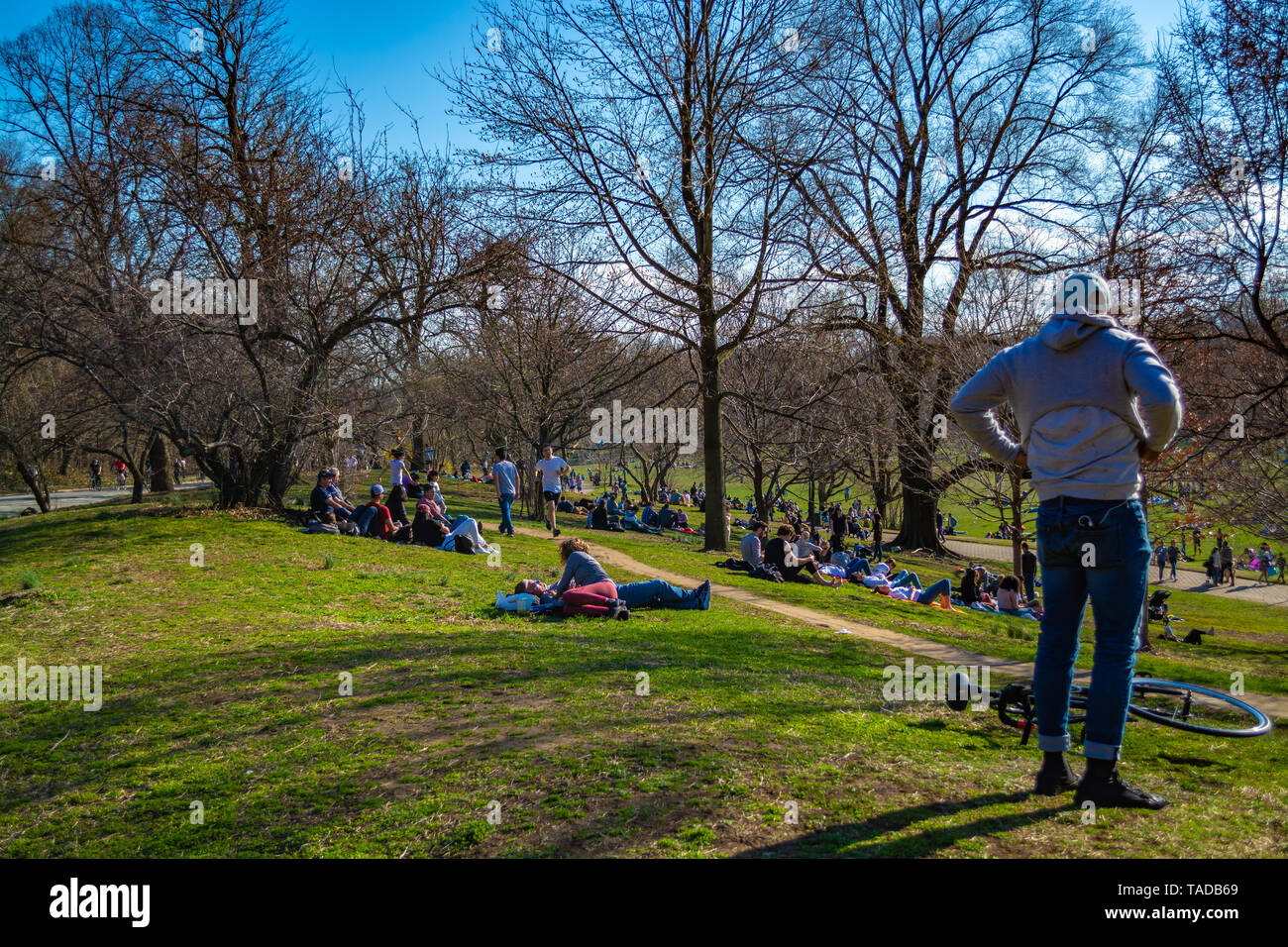 People are resting on the glade in a sunny day Stock Photo