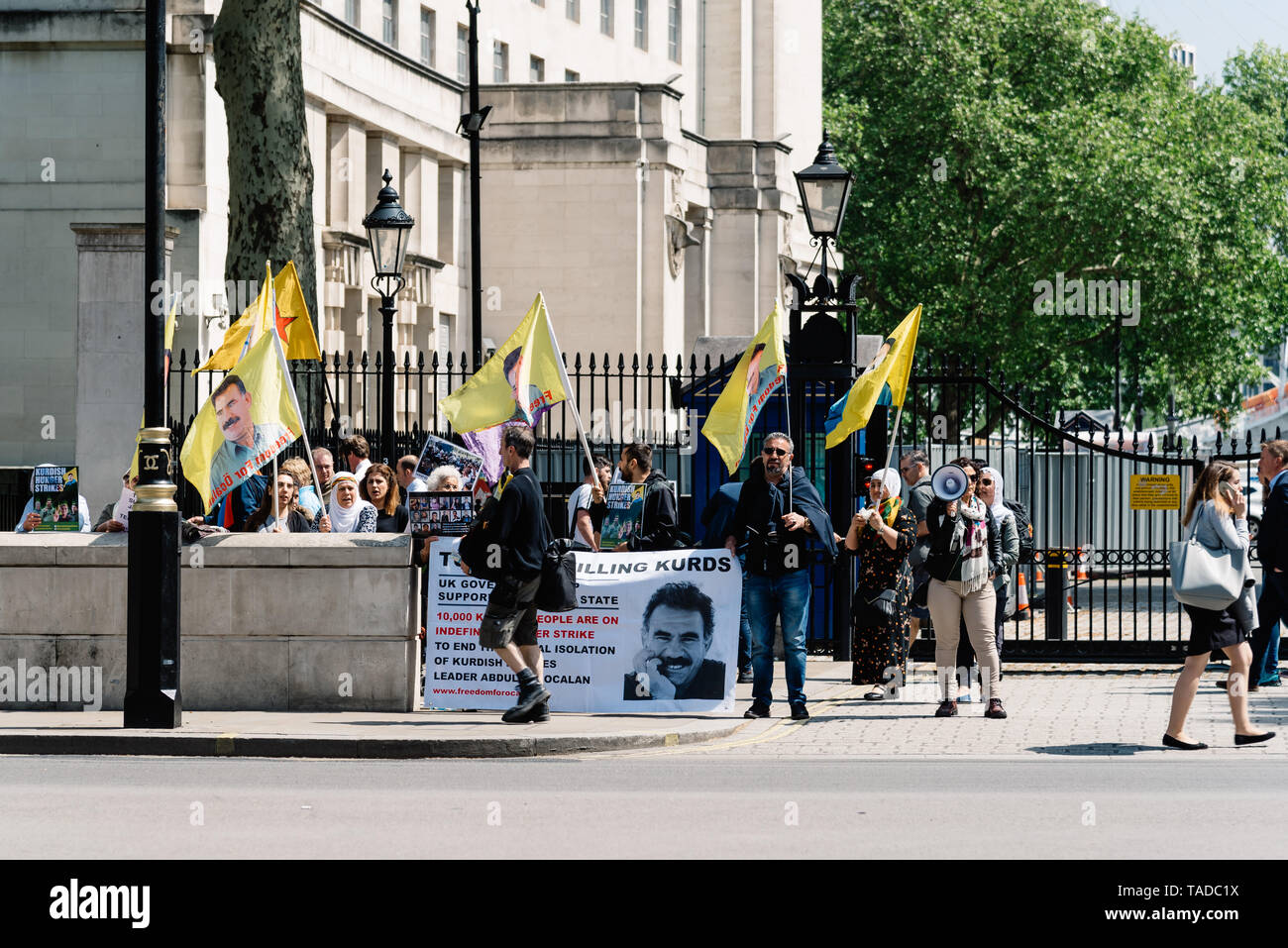 London, UK - May 15, 2019:  Kurdish demonstrators in front of Downing Street gate against British support for Turkey Stock Photo