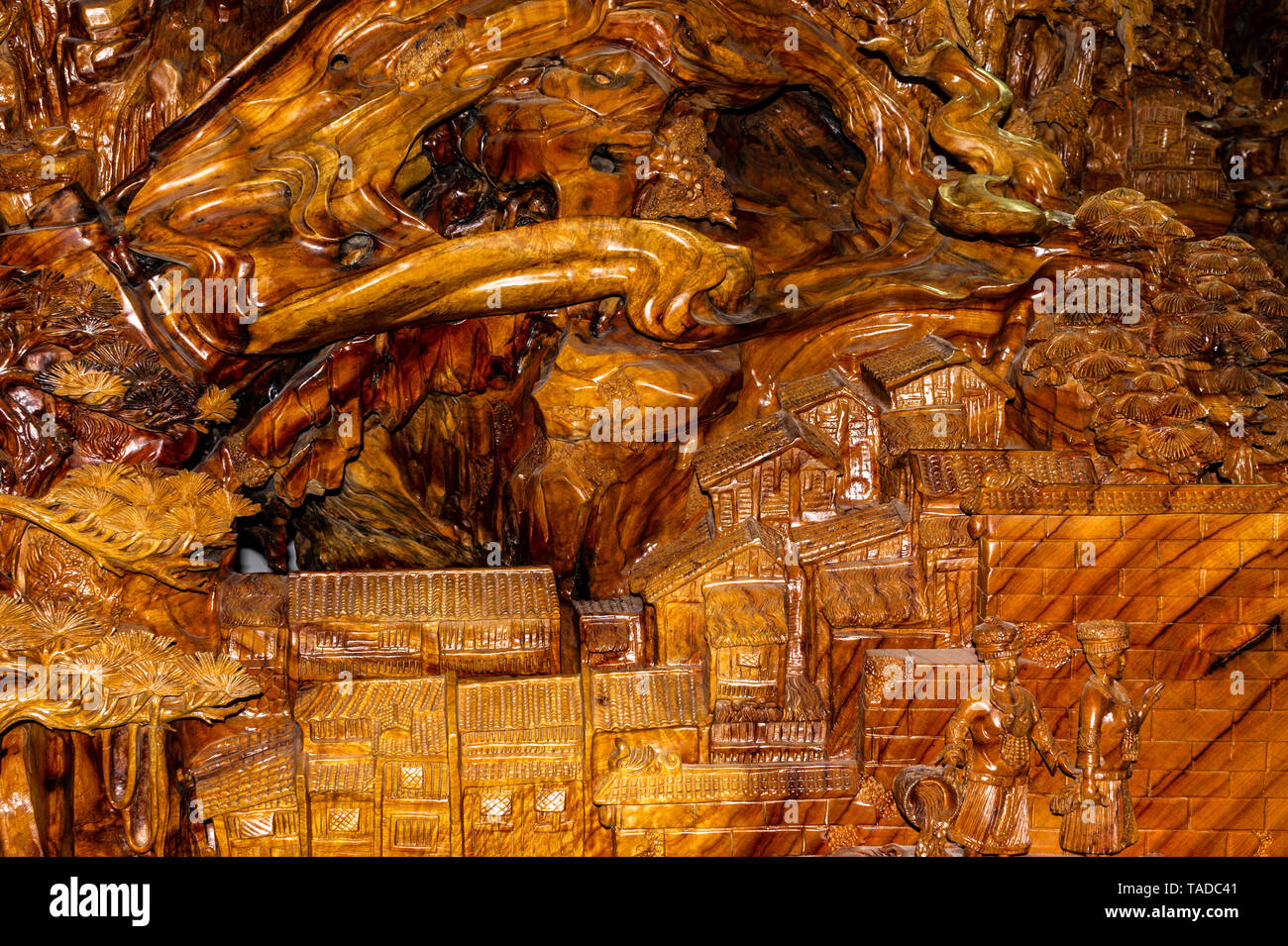 Detail of wood carving, ancient Chinese city carved in wood Stock Photo