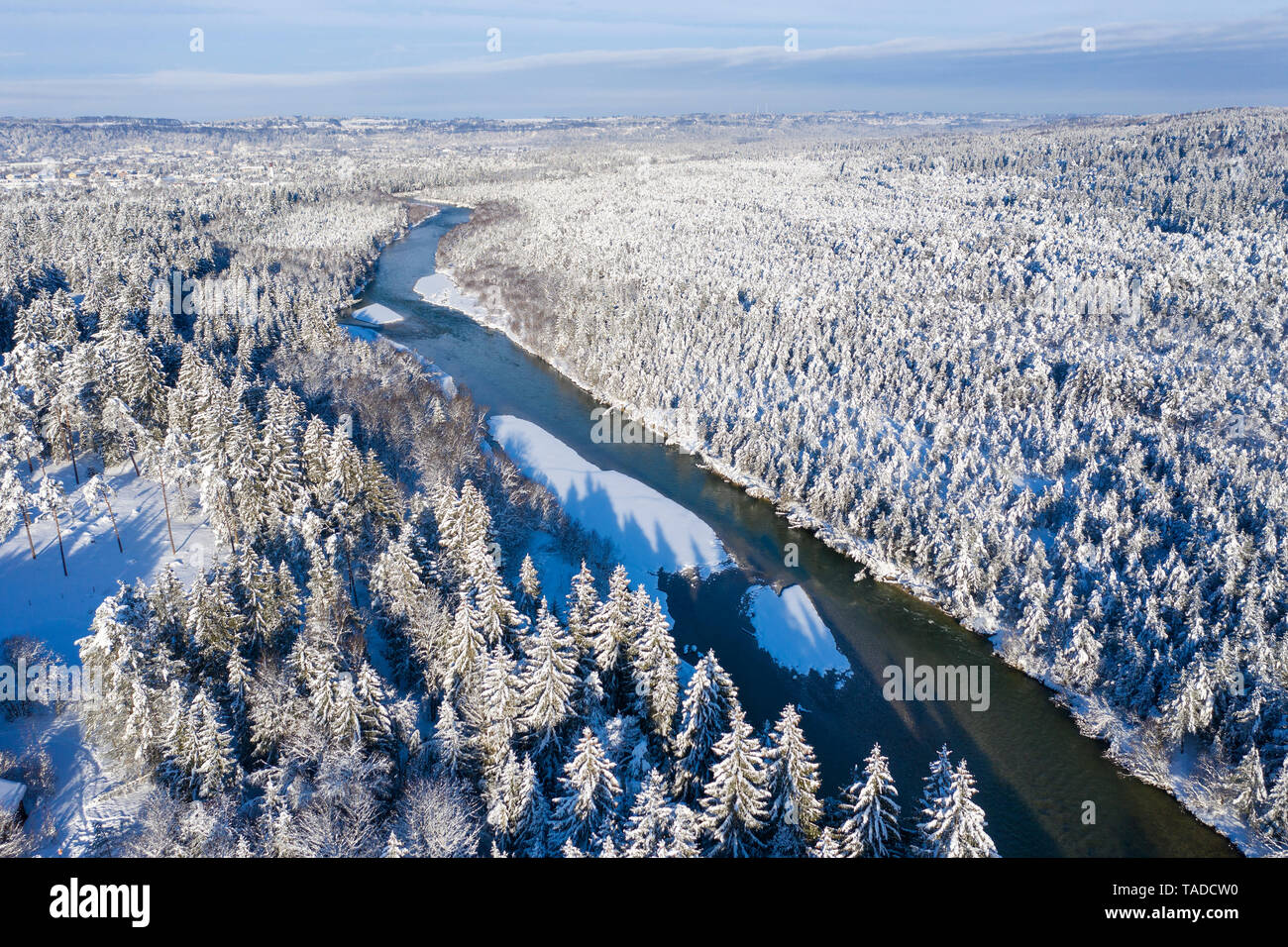 Germany, Bavaria, aerial view over Isar river and Isar floodplains betwenn Geretsried and Wolfratshausen in winter Stock Photo