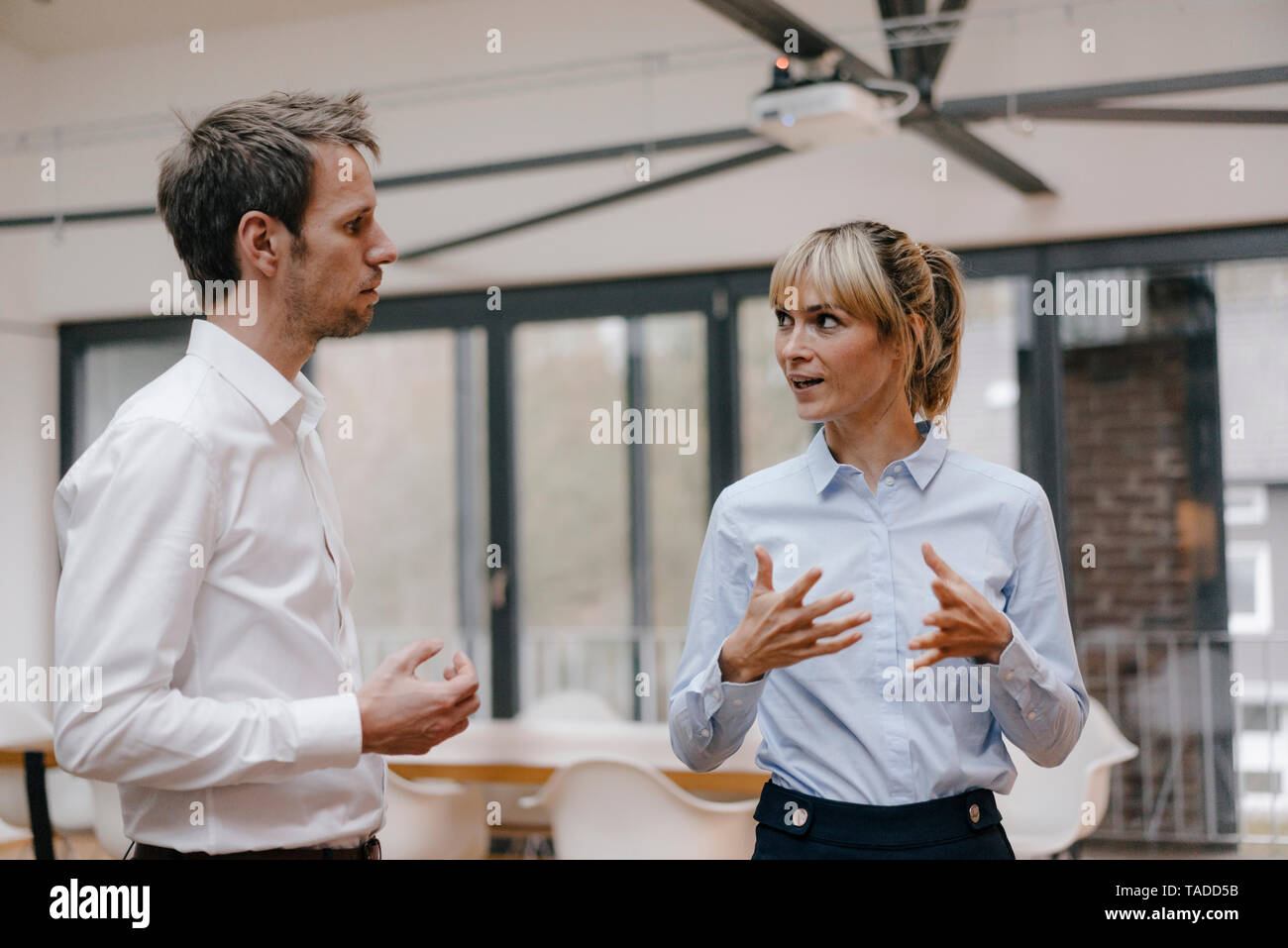 Businessman and woman standing in office, discussing Stock Photo