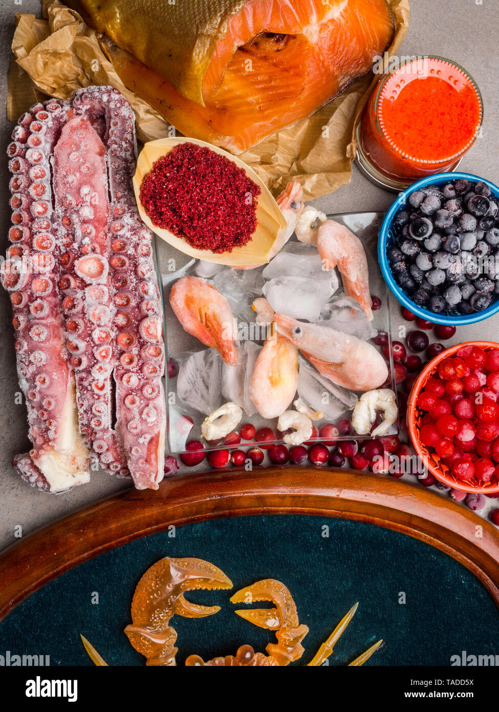 Foods High in Astaxanthin antioxidant, iodine . Healthy diet concept