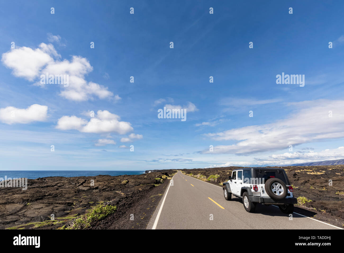 USA, Hawaii, Volcanoes National Park, lava fields, off-road vehicle on the Chain of Craters Road Stock Photo