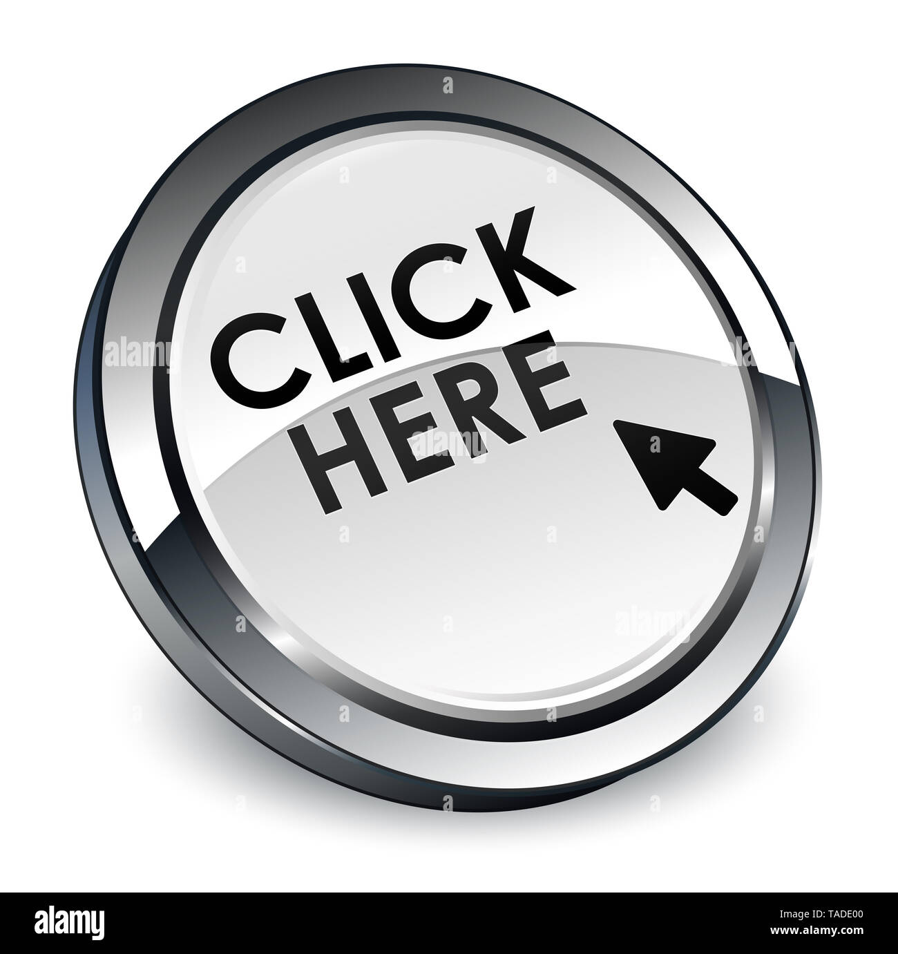 Click here isolated on 3d white round button abstract illustration ...