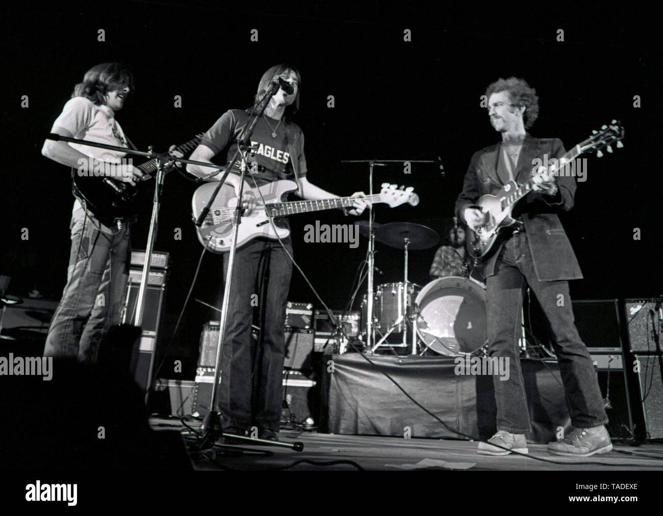 Amsterdam, Netherlands - 1st JANUARY: American group Eagles perform live on stage at Concertgebouw in Amsterdam, Netherlands in 1972. Left to right:Glenn Frey ,  Randy Meisner and Bernie Leadon. (Photo Gijsbert Hanekroot) Stock Photo