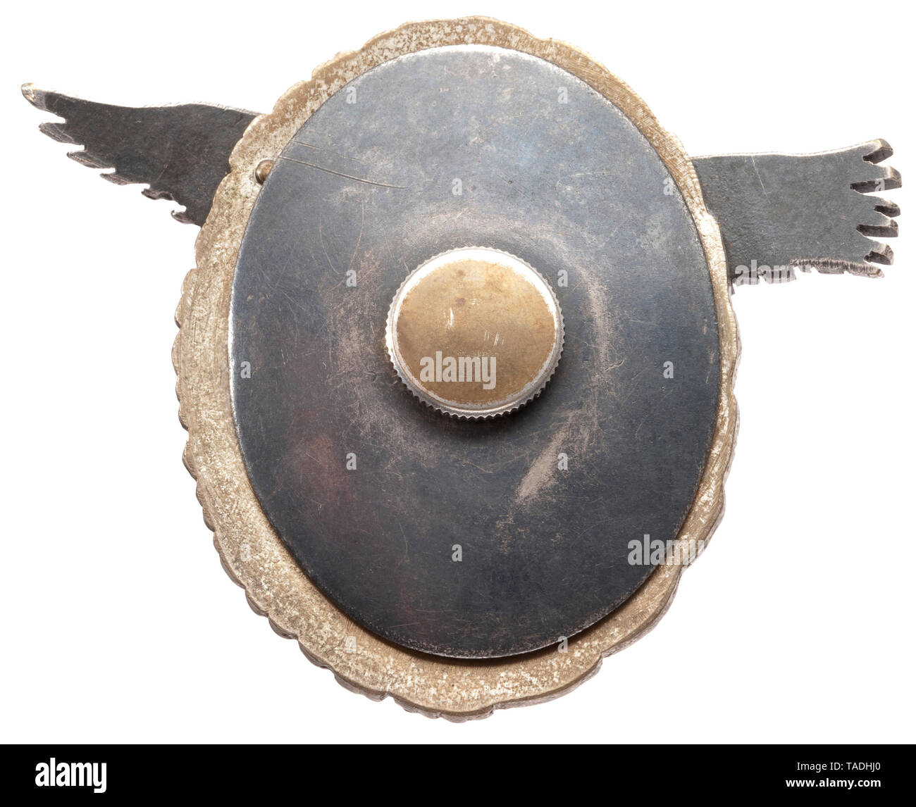 A Pilot's Badge with screw back maker C.E. Juncker, Berlin Early, flat non-ferrous metal type. Silver-plated wreath, twice-riveted and silvered eagle with reverse manufacturer's name (partly hidden by thread cylinder), counter plate and knurled screw. Height 53 mm. Weight (without screw and counter plate) 29.7 g. A rare producer-made issue with threaded disc attachment. historic, historical, 20th century, Additional-Rights-Clearance-Info-Not-Available Stock Photo