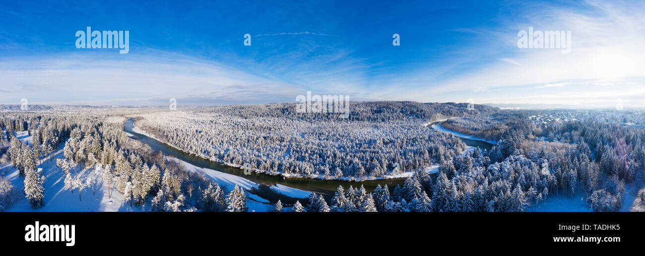 Germany, Bavaria, aerial view over Isar river and Isar floodplains in winter Stock Photo