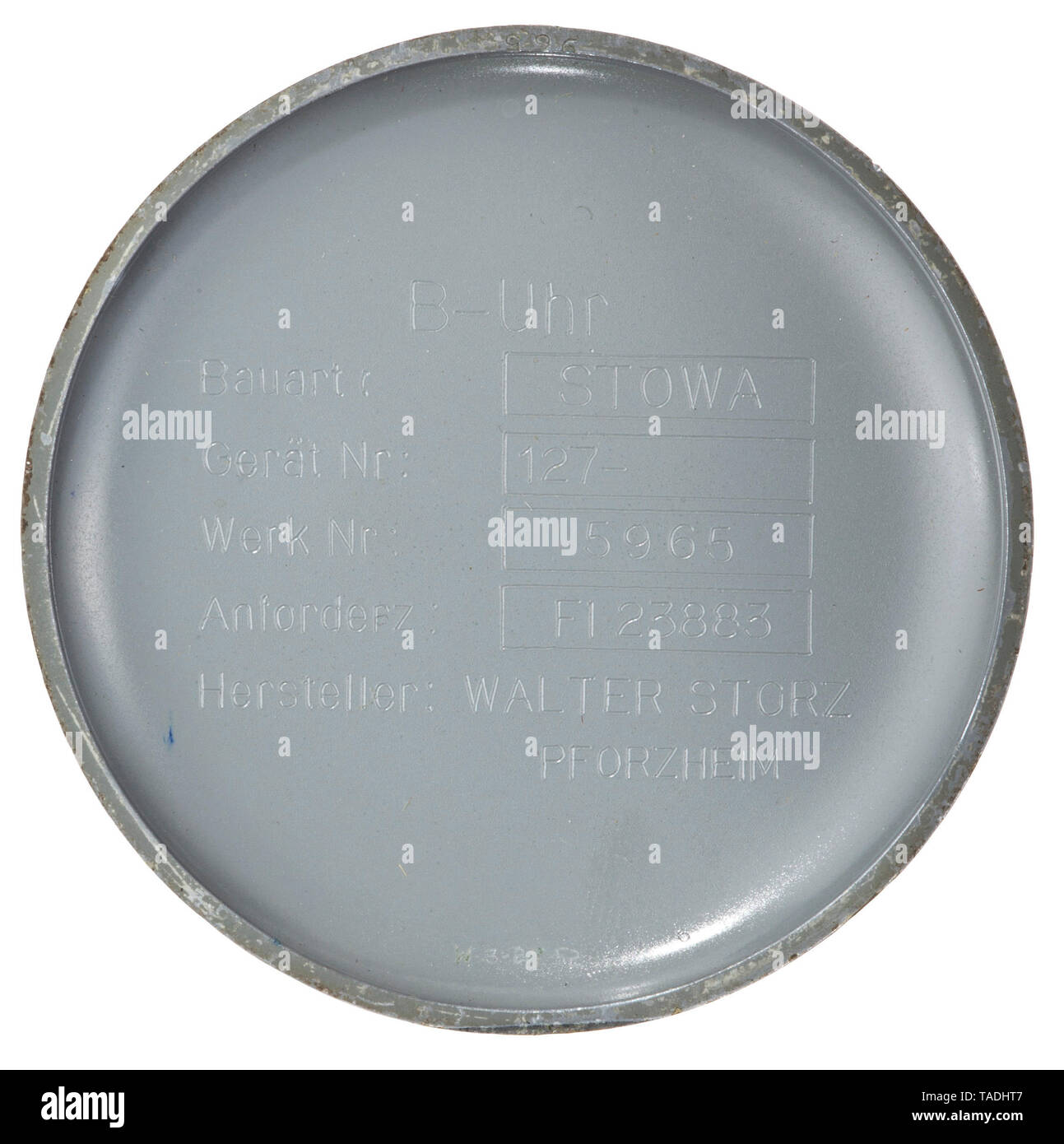 An observation watch of the German Luftwaffe mounted by 'Stowa' = Walter Storz, Pforzheim Black dial with noctilucent Arabic numerals, luminous blued pointer (small rupture in the minute hand). Matte housing with lateral requisition mark 'Fl 23883', the cover with an exterior works number '5965', the inside with 'B-Uhr - Bauart: Stowa - Gerät-Nr. 127 - Werk-Nr. 5965 - Anforderz. Fl. 23883 - Hersteller: Walter Storz Pforzheim'. Matching numbered '5965', jewelled movement with 20 rubies, fine sanding and swan-neck fine adjustment. Original riveted (re-riveted in places) brown, Editorial-Use-Only Stock Photo