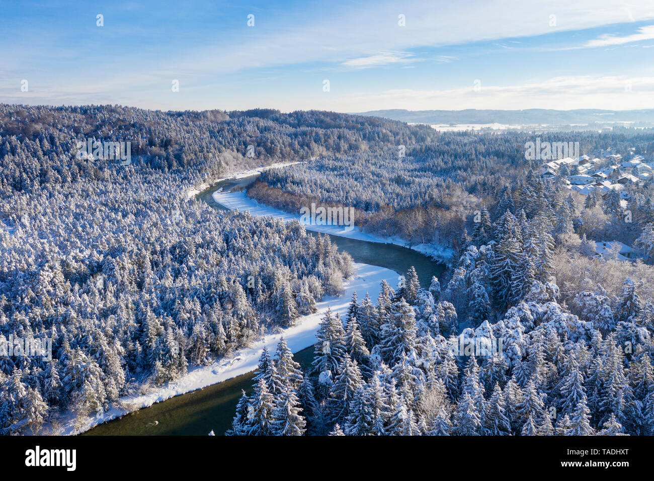 Germany, Bavaria, aerial view over Isar river and Isar floodplains near Geretsried in winter Stock Photo