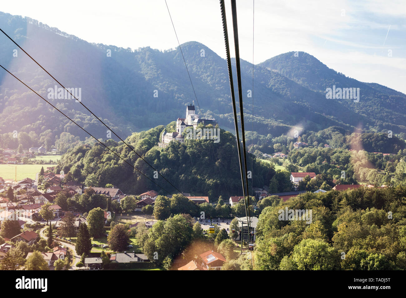 Germany, Bavaria, Chiemgau, view from Kampenwand cable car to Hohenaschau castle Stock Photo