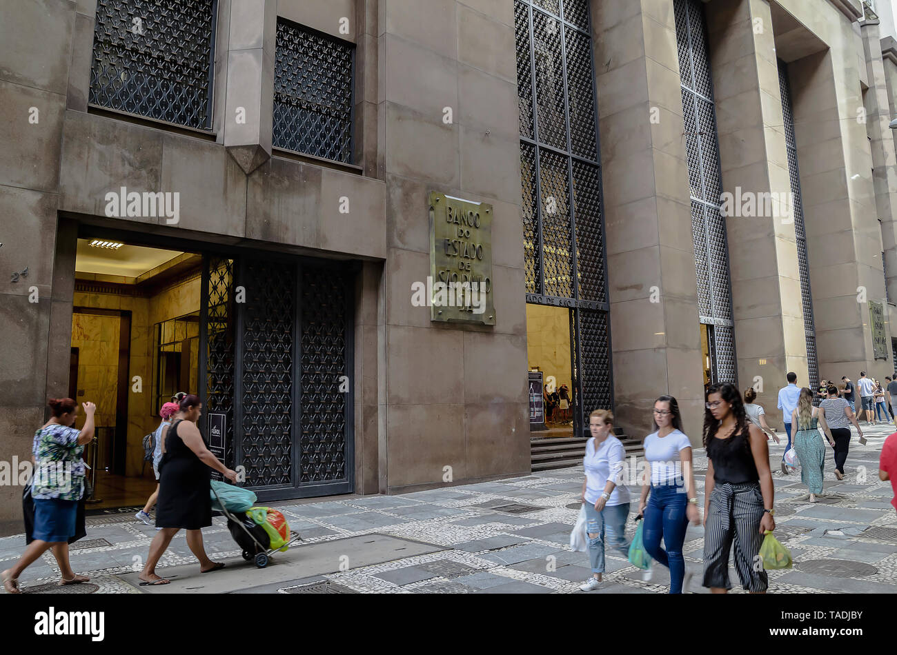 Sao Paulo SP, Brazil - March 06, 2019: Facade of Banco do Estado de Sao Paulo S.A. at Joao Bricola Street. Historical building, old Banespa bank, also Stock Photo