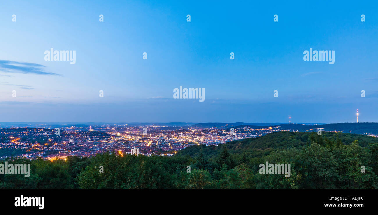Germany, Baden-Wuerttemberg, Stuttgart, Cityscape with TV Tower at blue hour, View from Birkenkopf Stock Photo