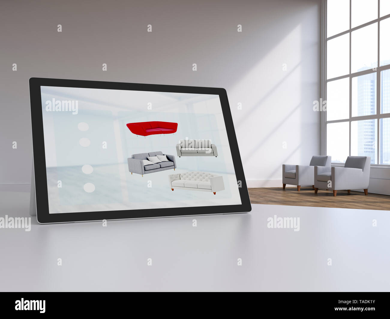 3D rendering, Digital tablet in modern loft with furnitures on display, online shopping for couches Stock Photo