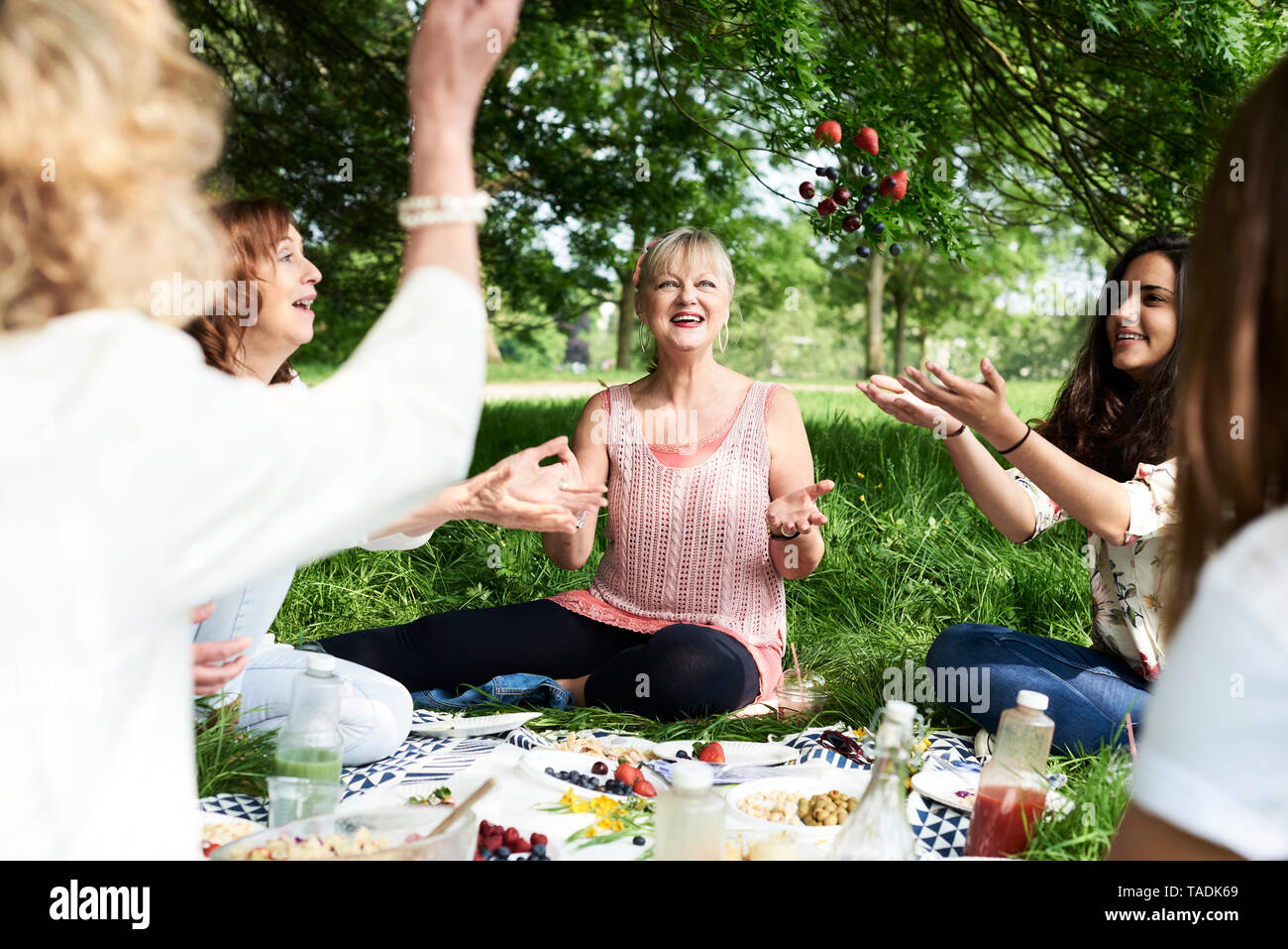 Happy women throwing berries in the air at a picnic in park Stock Photo