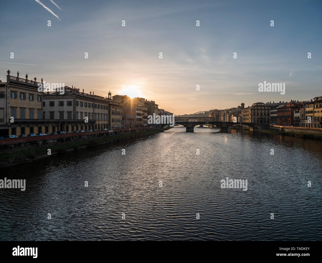 Italy, Tuscany, Florence, Arno, View from Ponte Alla Carraia to Ponte Santa Trinita and Ponte Vecchio Stock Photo