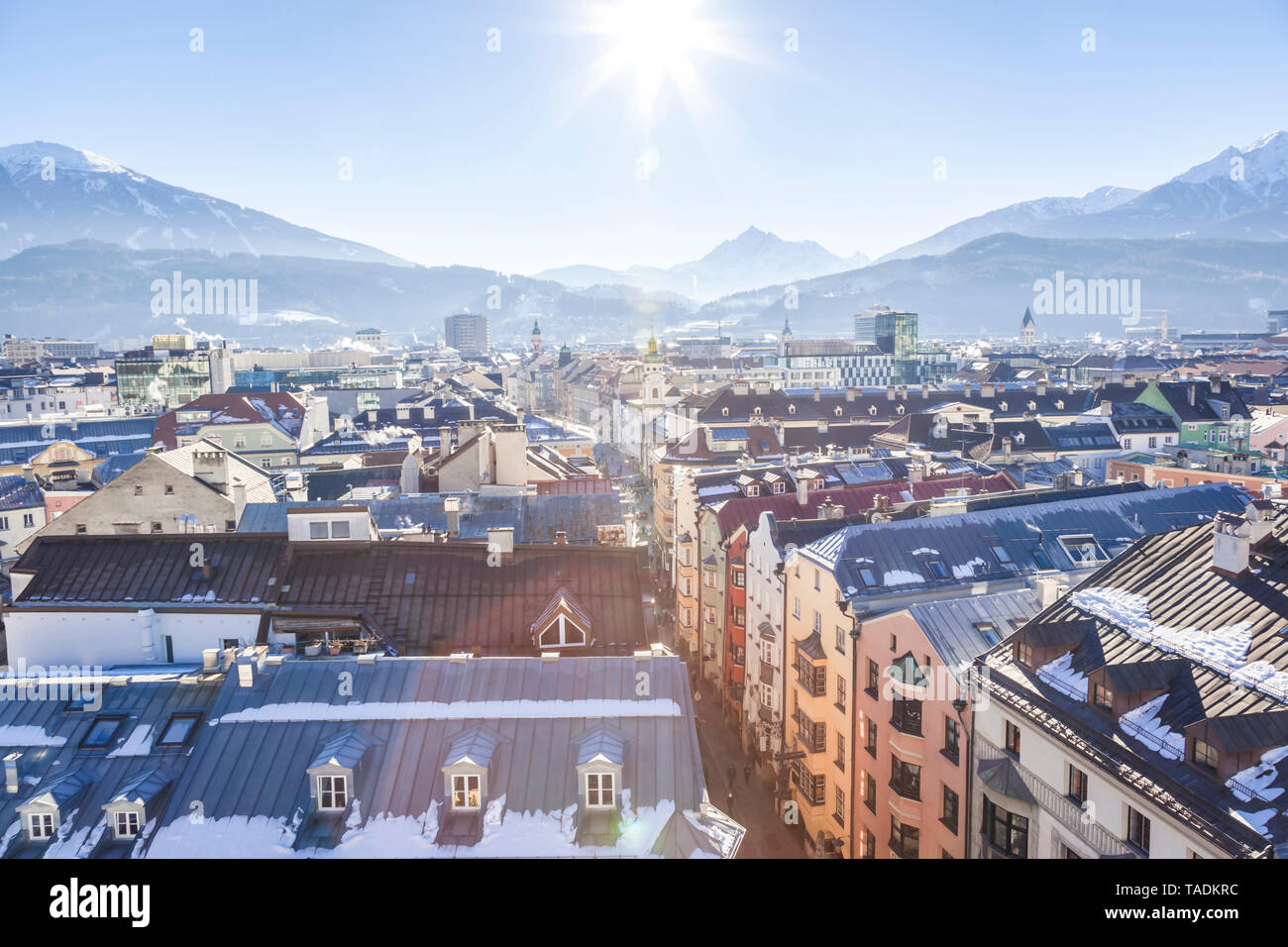Austria, Tyrol, Innsbruck, Panoramic views of the city with snow-capped Alps in background Stock Photo