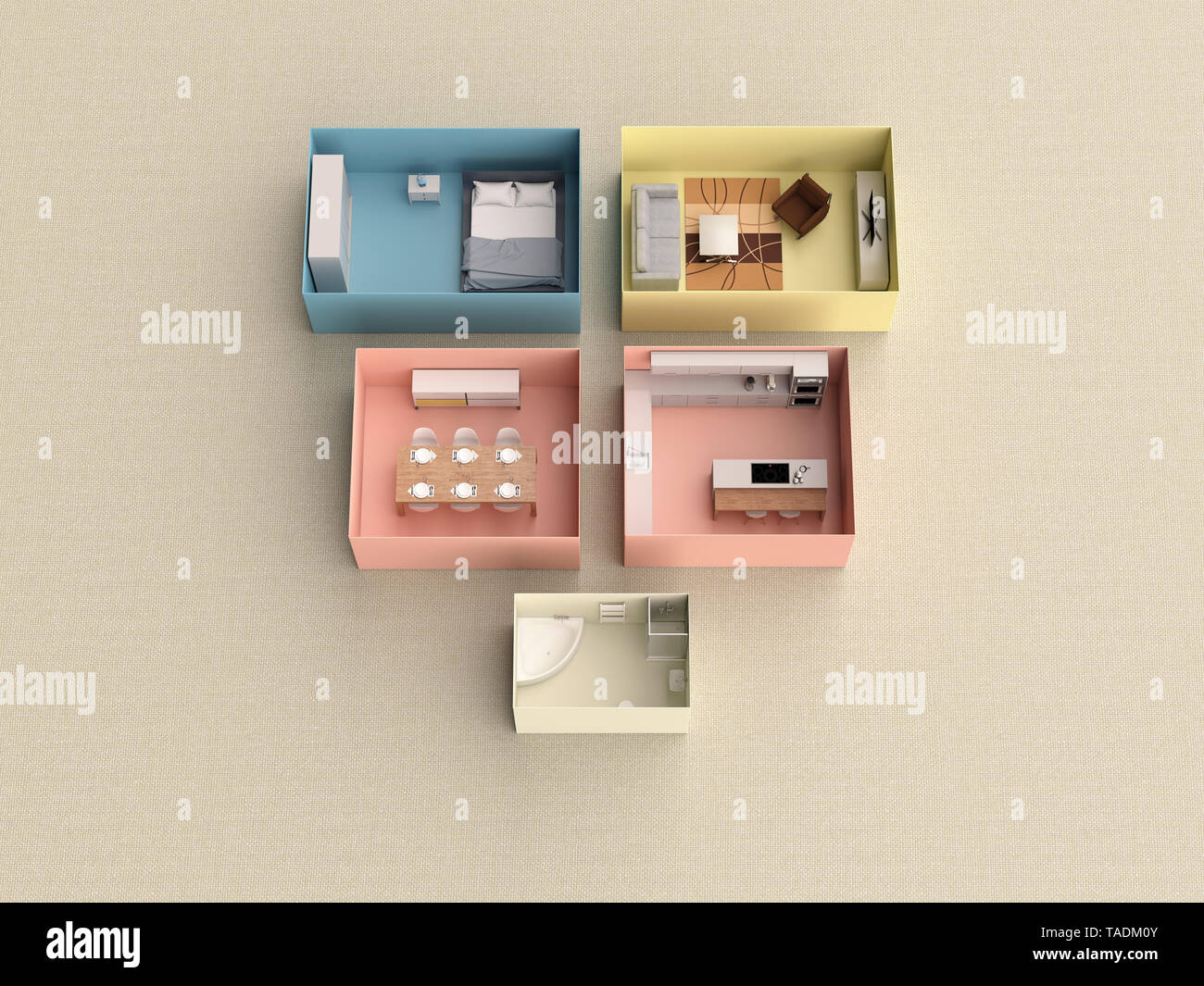 3D rendering, Miniature flat in boxes Stock Photo