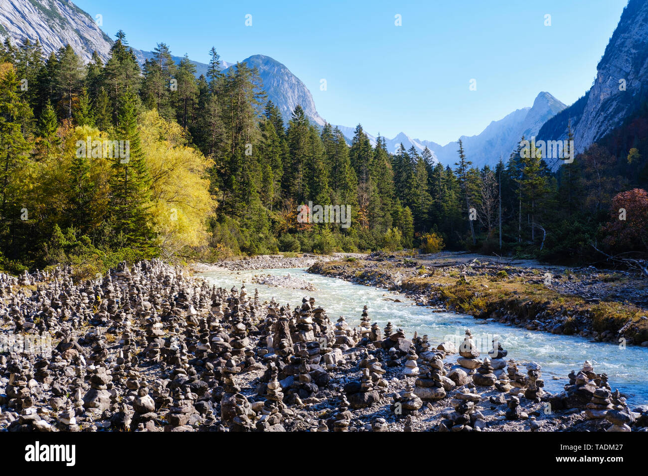 Austria, Tyrol, Karwendel mountains, Hinterautal, cairns at River Isar Stock Photo