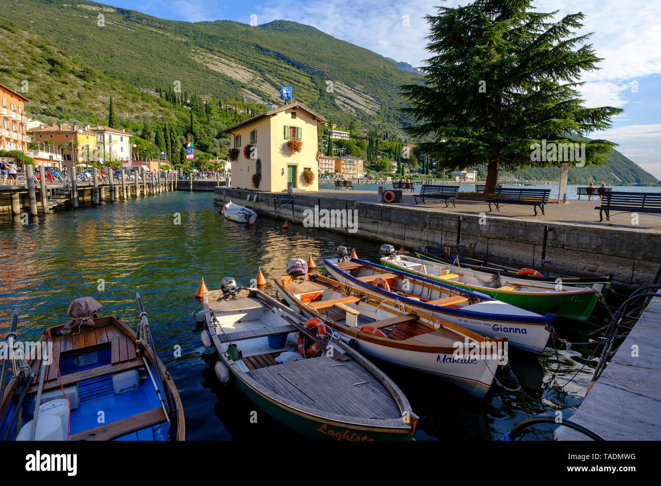 Italy, Trentino, Lake Garda, Torbole, old harbour, colored fishing ...