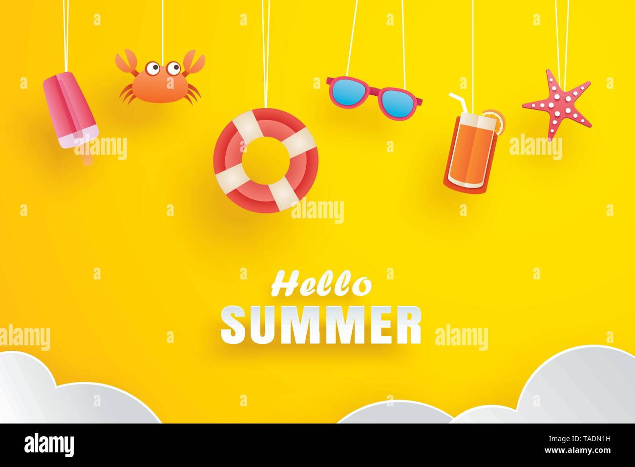 Hello summer with decoration origami hanging on yellow background ...