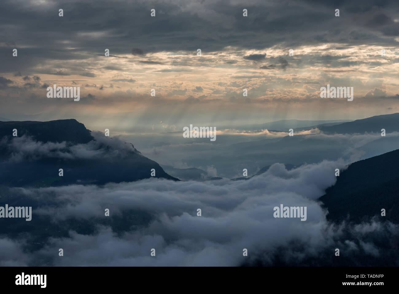 Italy, Dolomites, Sout Tyrol, View from the mountain Seceda to clouds over mountains Stock Photo