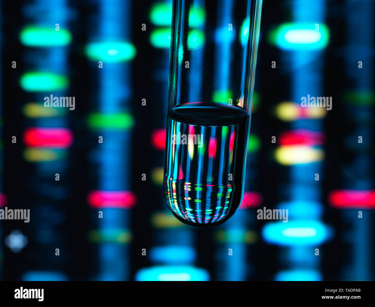 Genetic Research, DNA profile reflected in a test tube containing a sample Stock Photo