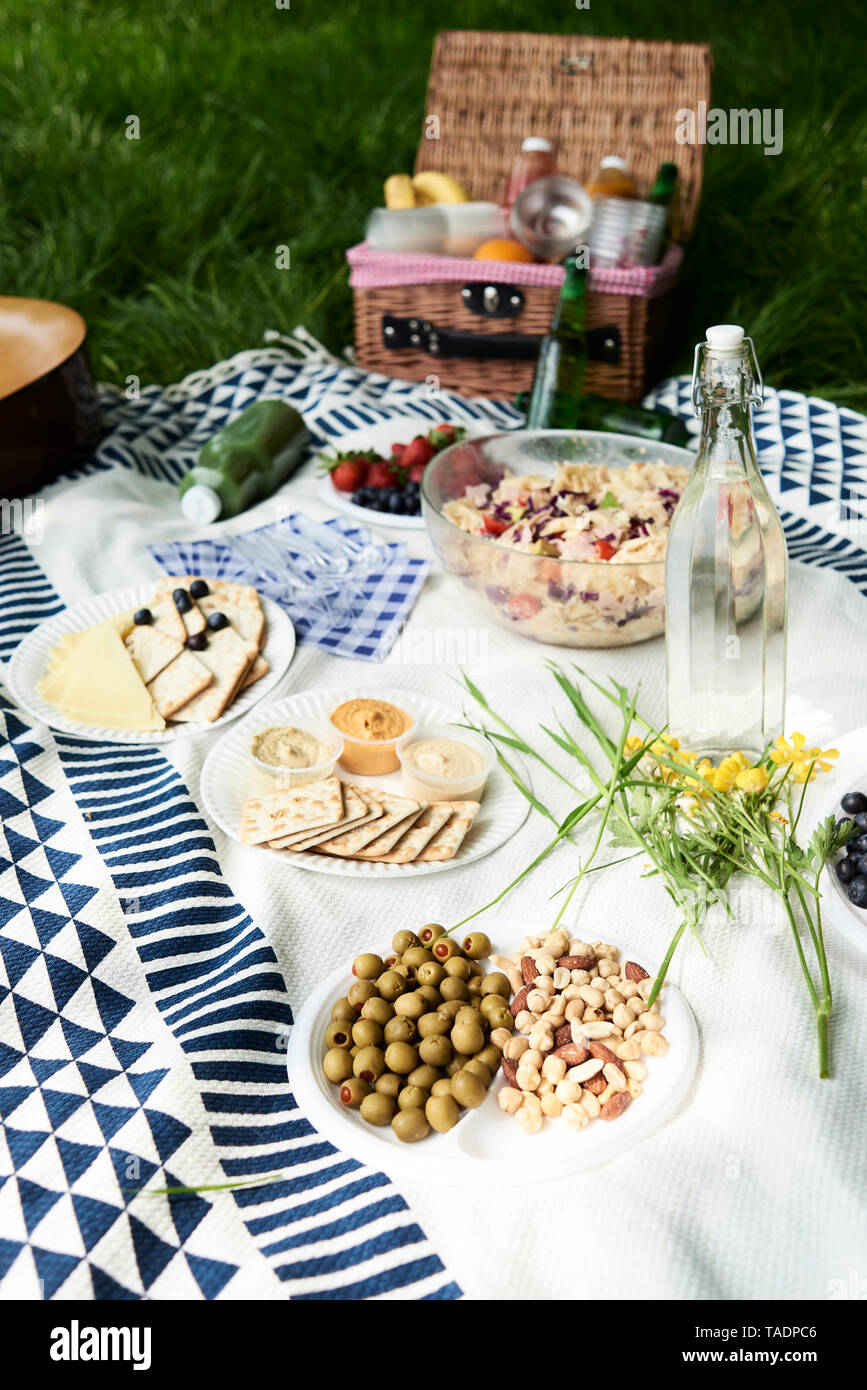 Healthy picnic snacks on a blanket in grass Stock Photo Alamy
