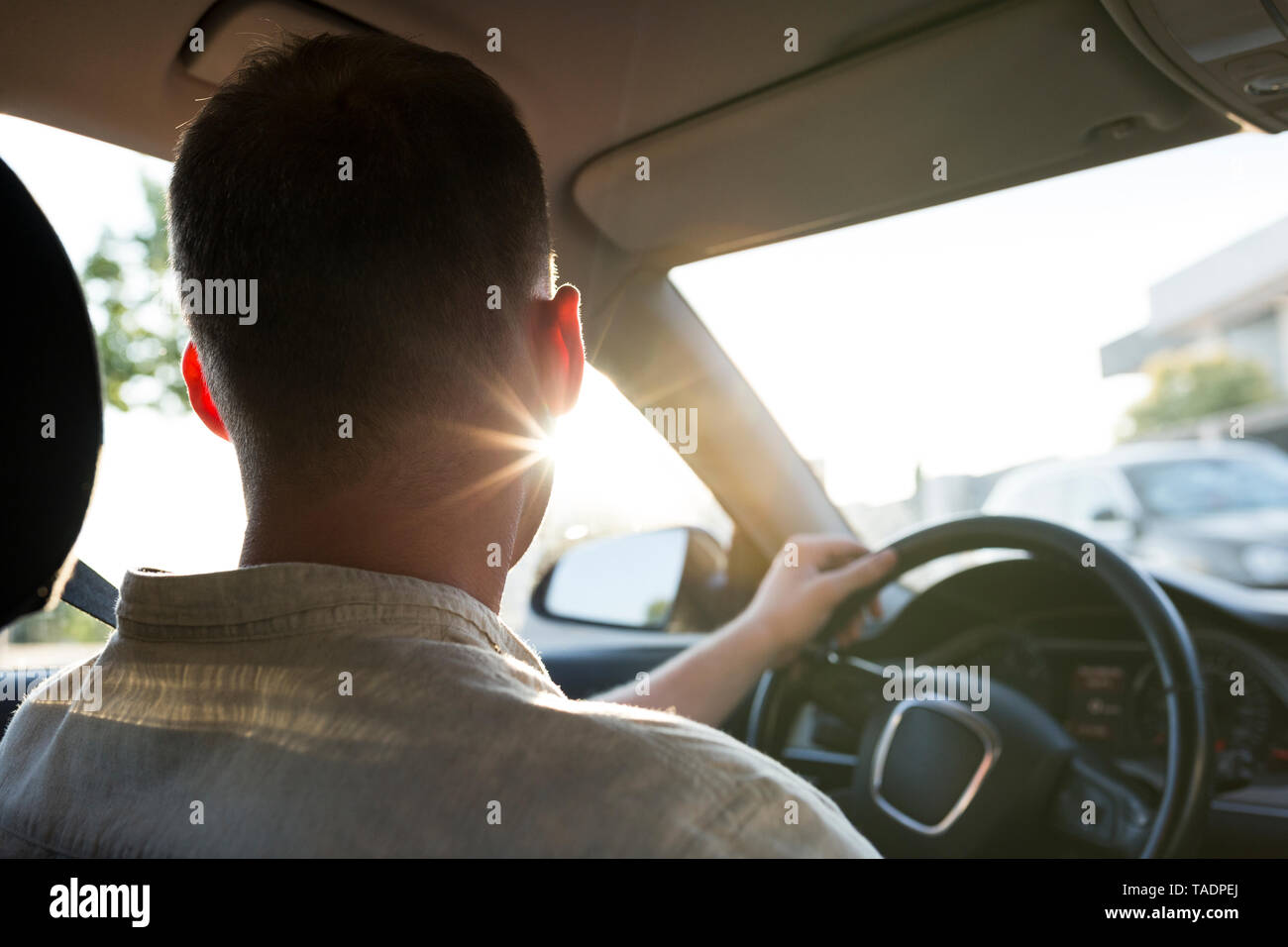 Rear view of young man driving car at sunset Stock Photo