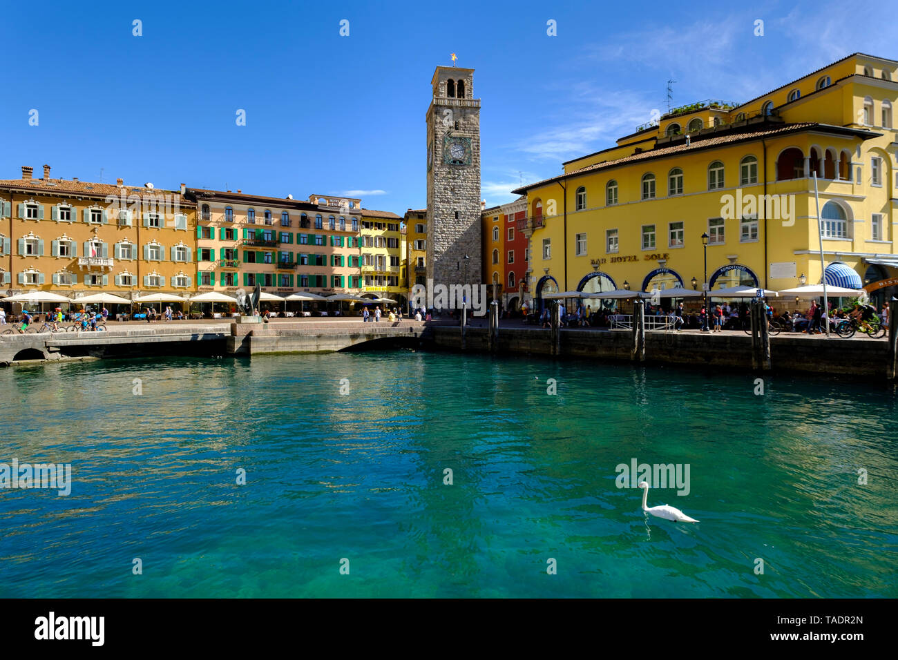 Italy, Trentino, Lake Garda, Riva del Garda, harbour with clock tower ...