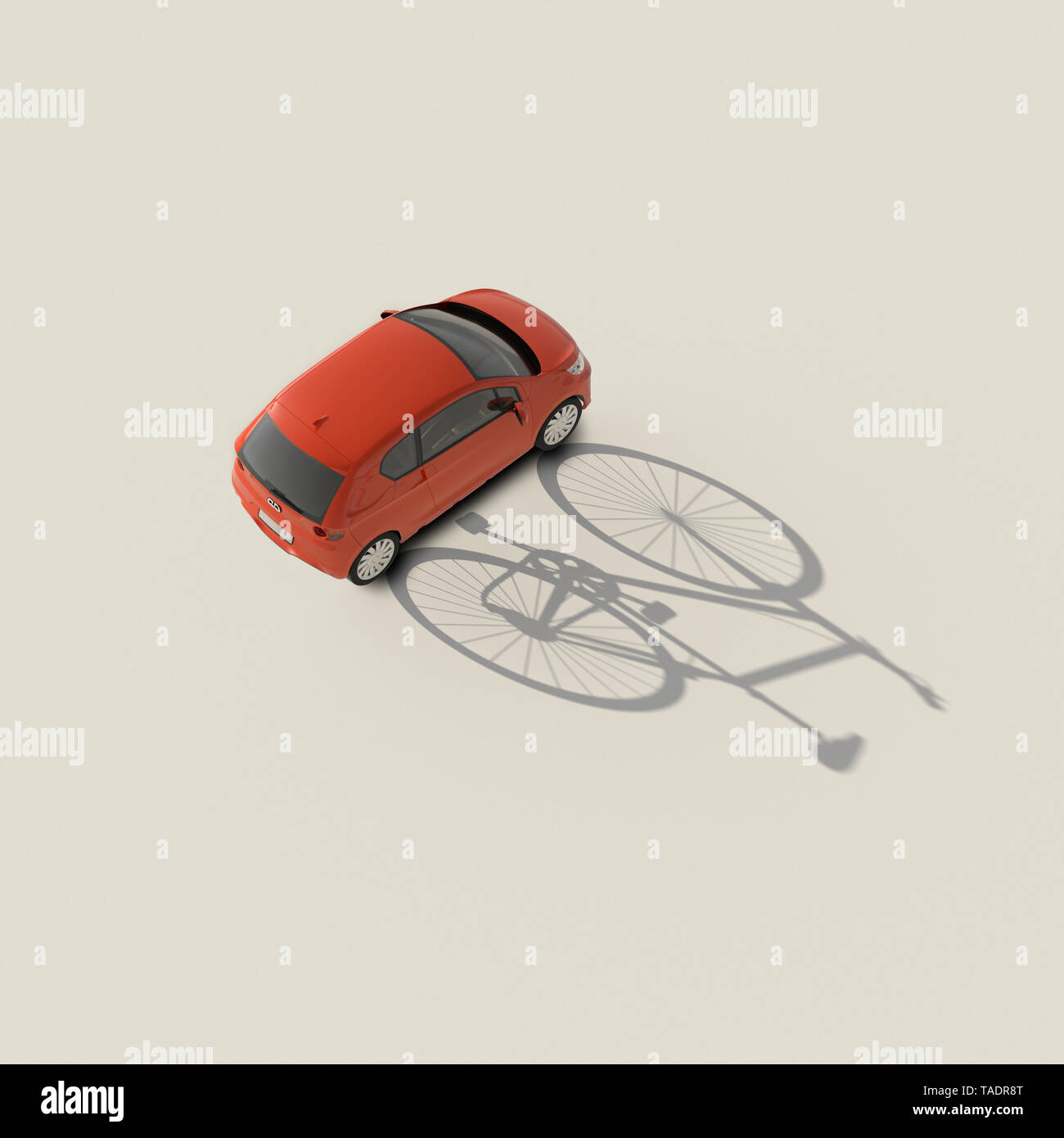 3D rendering, Red car casting shadow of a bicycle Stock Photo