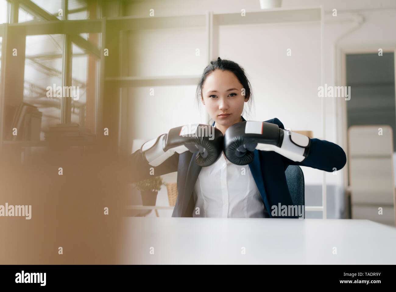 Portrait of young businesswoman sitting at desk wearing boxing gloves Stock Photo