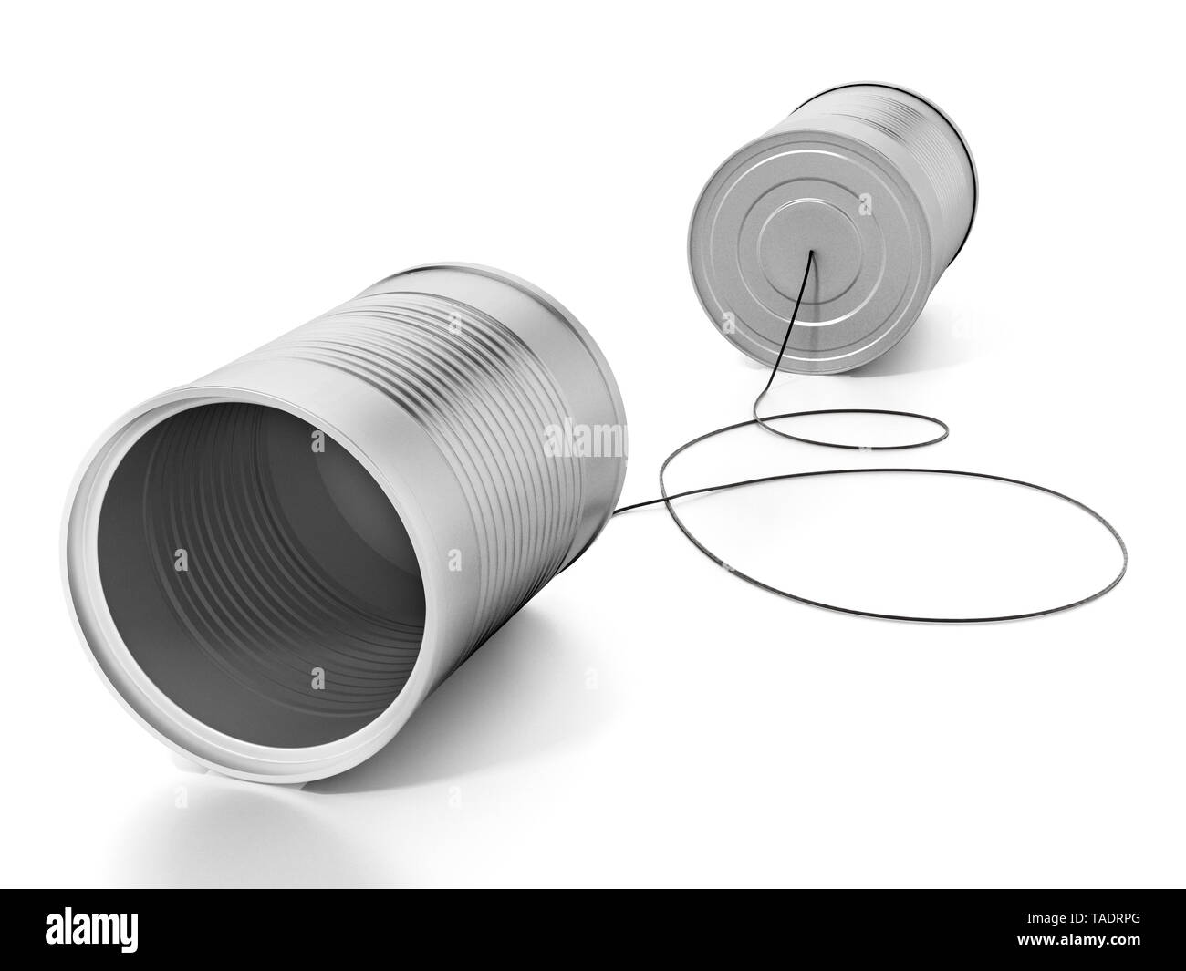 Tin cans connected to each other with a rope. 3D illustration. Stock Photo