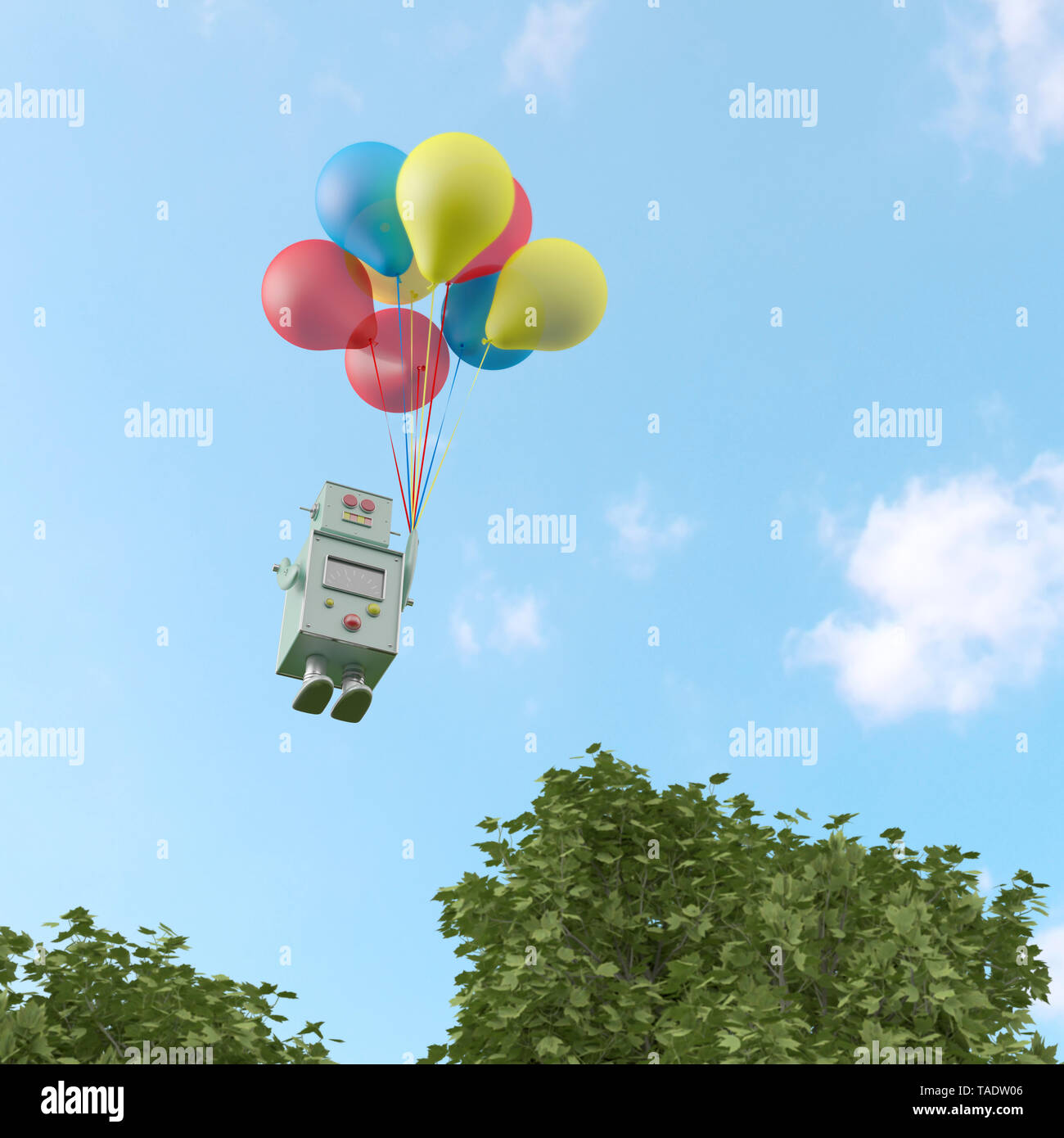 3D rendering, Toy robot flyiing on a bunch of balloons Stock Photo