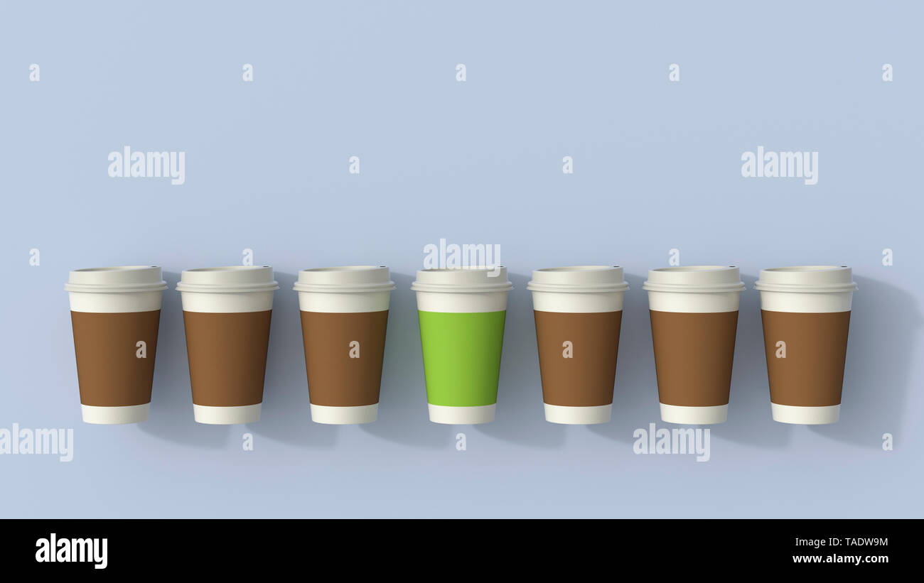 3D rendering, Row of disposable coffee cups with a green outsider Stock Photo