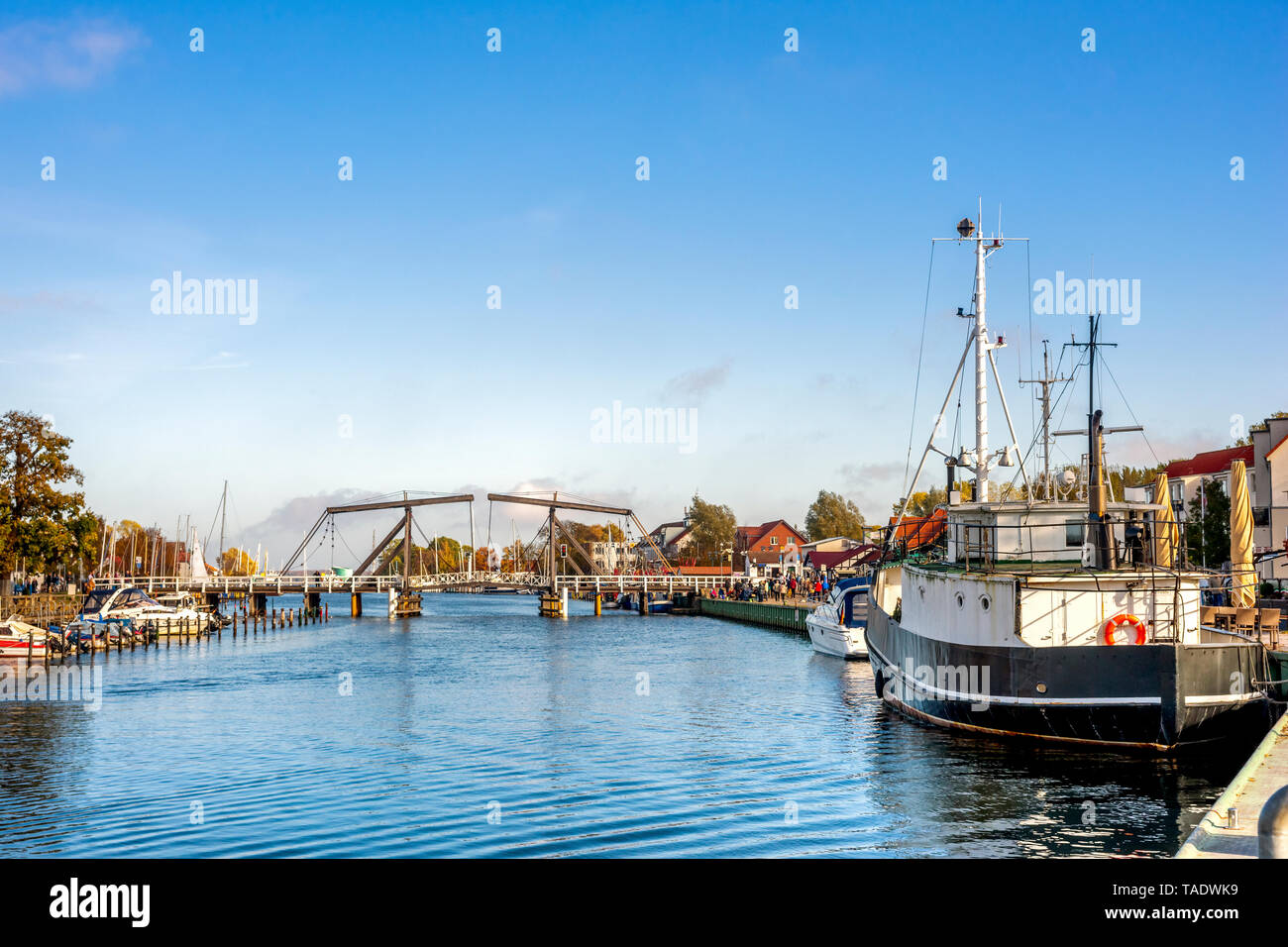 Germany, Mecklenburg-Western Pomerania, Greifswald, Wiecker bridge, wooden bascule bridge, river Ryck Stock Photo