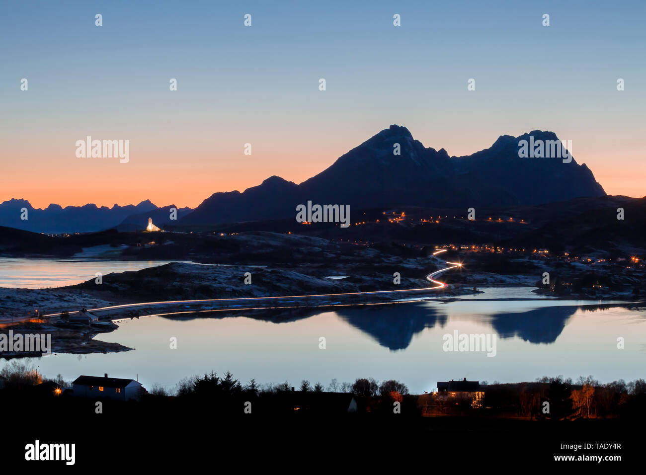 Norway, Lofoten Islands, view to Leknes at twilight Stock Photo