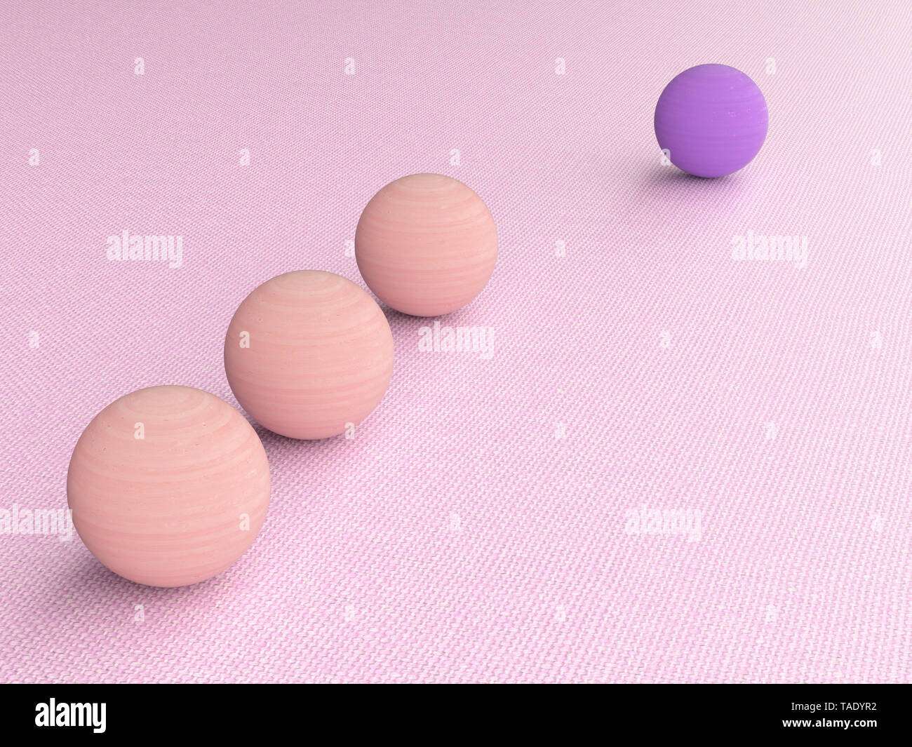 3D rendering, Purple wood ball follwed by three pink ones Stock Photo
