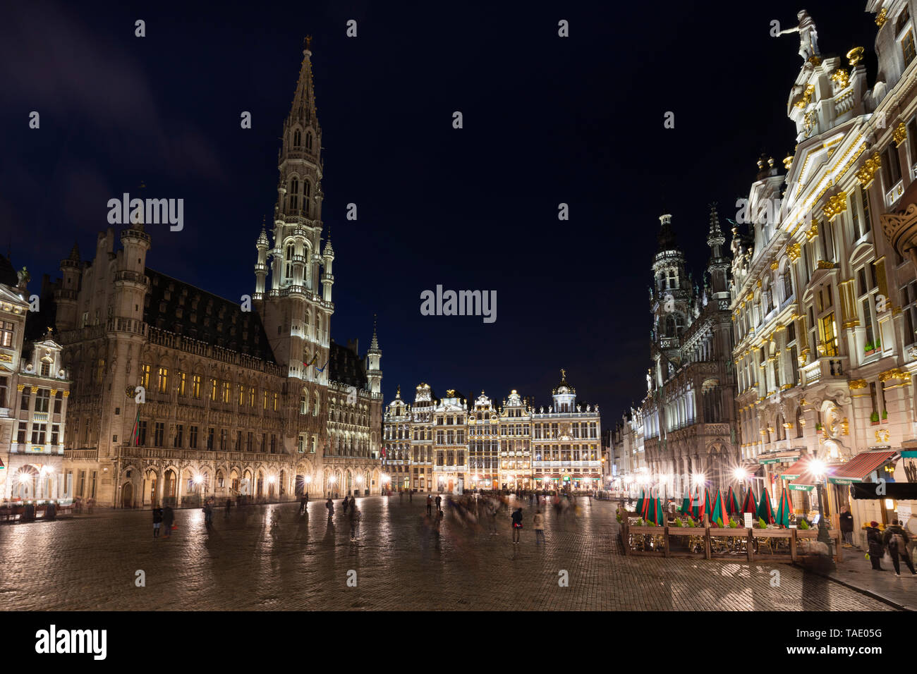 Belgium, Brussels, Grand Place, Townhall and guildhalls at night Stock Photo