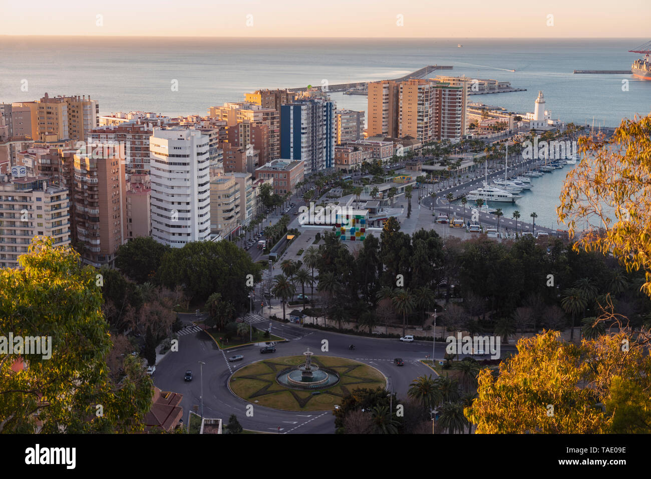 Spain, Malaga, view over the harbour and the centre pompidou by sunrise Stock Photo