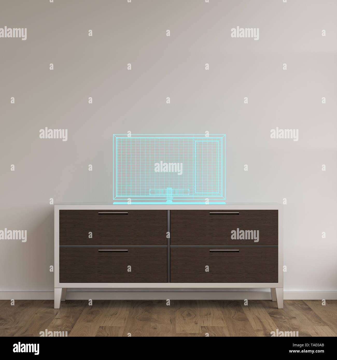 3D rendering, Holgram of a TV set on a sideboard Stock Photo