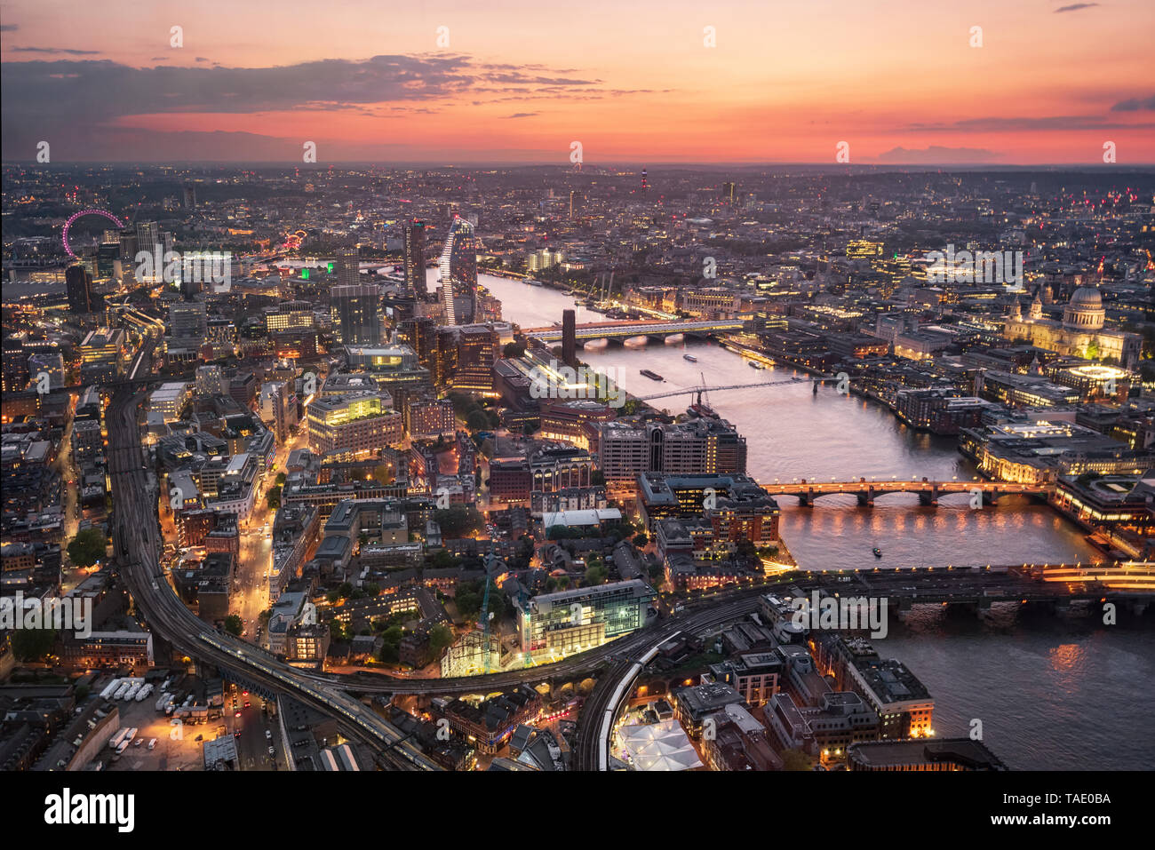 Aerial view of London skyline at sunset, United Kingdom . Stock Photo