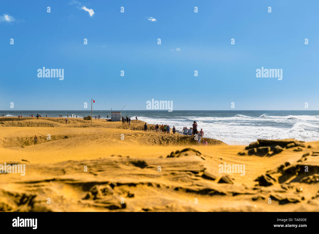 Spain, Canary Islands, Gran Canaria, Maspalomas, beach hiking during stormy weather Stock Photo