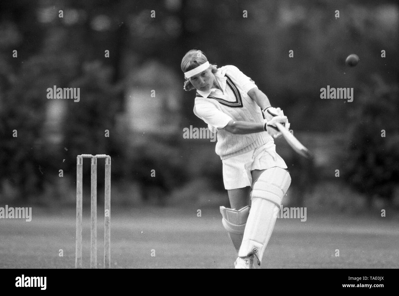 20 July 1990 England versus Ireland Womens Cricket European Cup match at Kirby Moxloe, Leicestershire. Women played cricket in skirts and skorts during these times.   Photo by Tony Henshaw Stock Photo