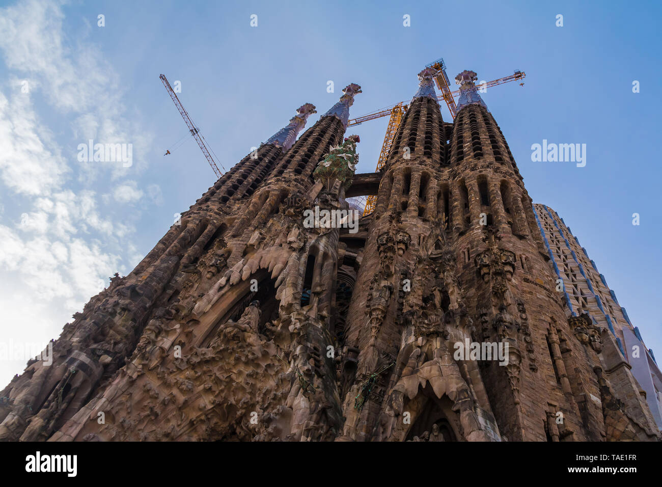 Barcelona, Catalonia, Spain - November 19, 2018: Worm's-eye view of the Temple Expiatori de la Sagrada Familia (Expiatory Church of the Holy Family) i Stock Photo