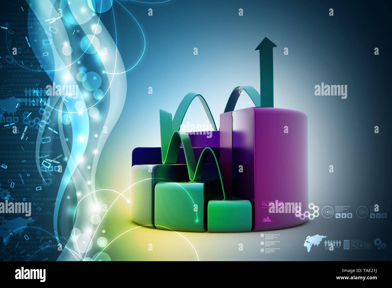 finance pie and bar chart graphs with growing arrow Stock Photo - Alamy