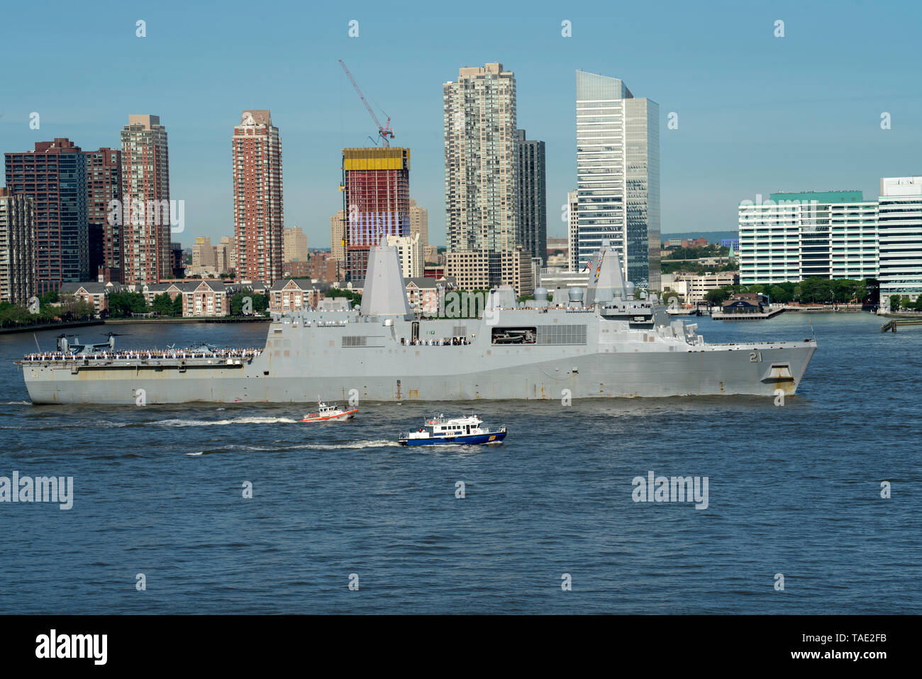 The San Antonio-class amphibious transport dock USS New York on the Hudson River at the start of Fleet Week 2019. The ship was built in New Orleans. Stock Photo