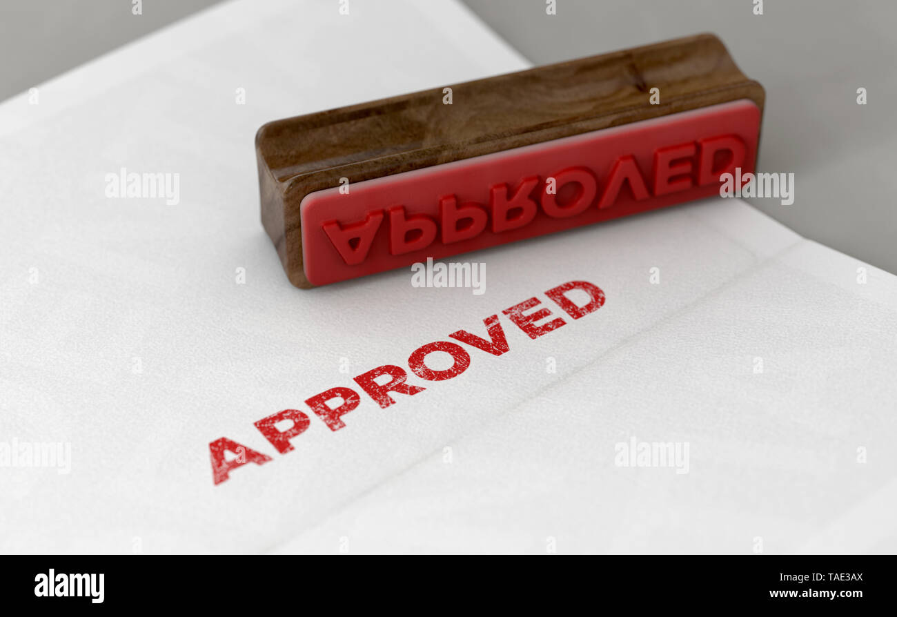 A wooden stamp with embossed text stamping the word approved on a form - 3D render Stock Photo