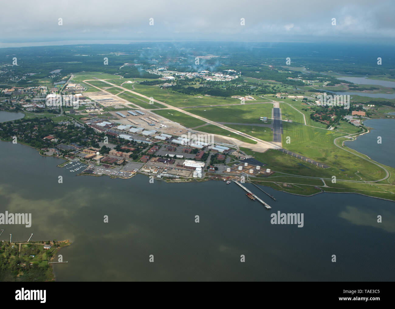An aerial photograph of Langley Air Force Base and the Hampton Roads